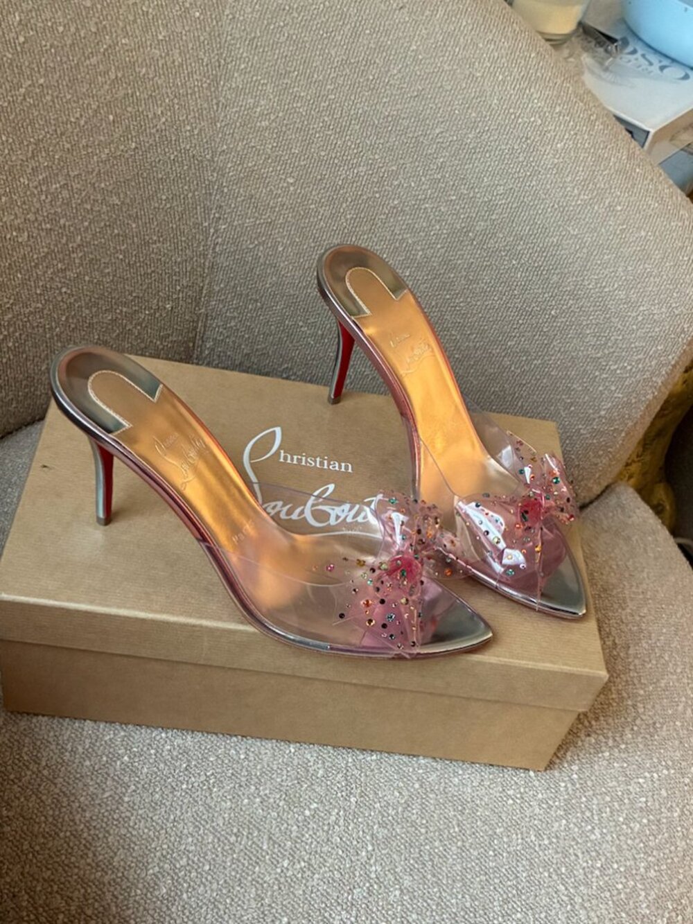 Christian Louboutin AquaStrass PVC Pink Crystal Bow Mules SIZE 7.5/39 (see note) - Picture 14 of 16